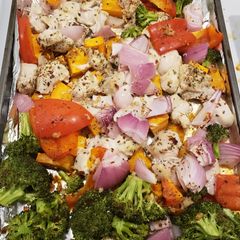 A picture of 1 pan chicken with sweet potatoes & veggies.