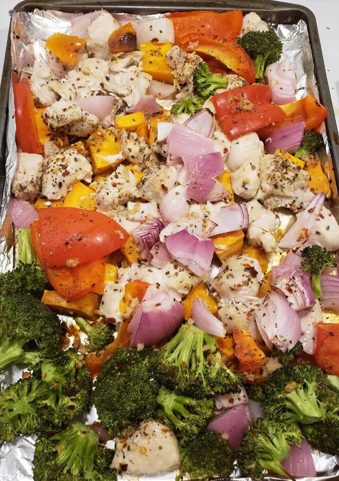 A picture of 1 pan chicken with sweet potatoes & veggies.