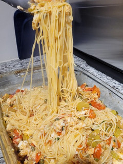 A picture of Italian Flounder Pasta with herbed cherry tomato sauce.