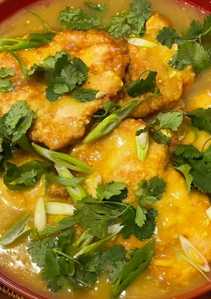 A picture of Double lemon chicken with cheat’s preserved lemon.