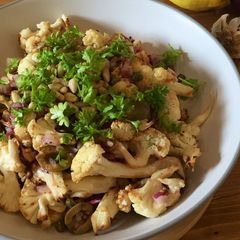 A picture of Calabrian Roasted Cauliflower Salad With Capers & Olives.