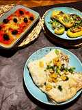 Bacalao a la portuguesa con patatas y pimientos asados