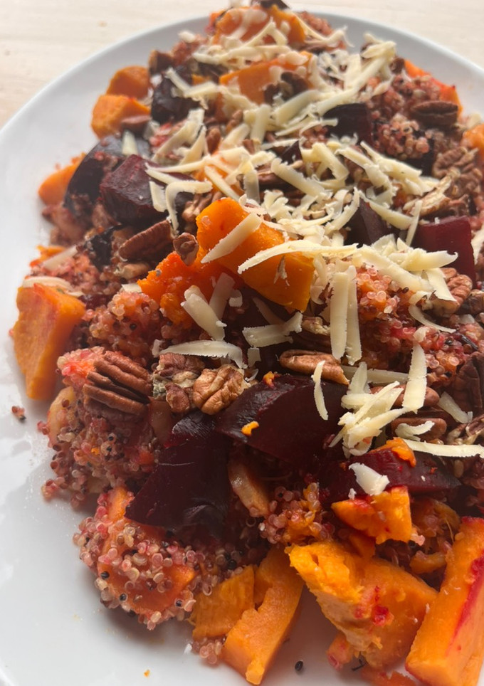 A picture of Roasted beetroot, parsnip and winter veg quinoa salad.