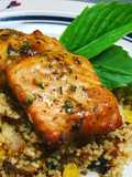 Sesame Lemon Soy Baked Salmon with a Toasted Couscous Caramelized Onions,Mushroom and, Sweet Corn