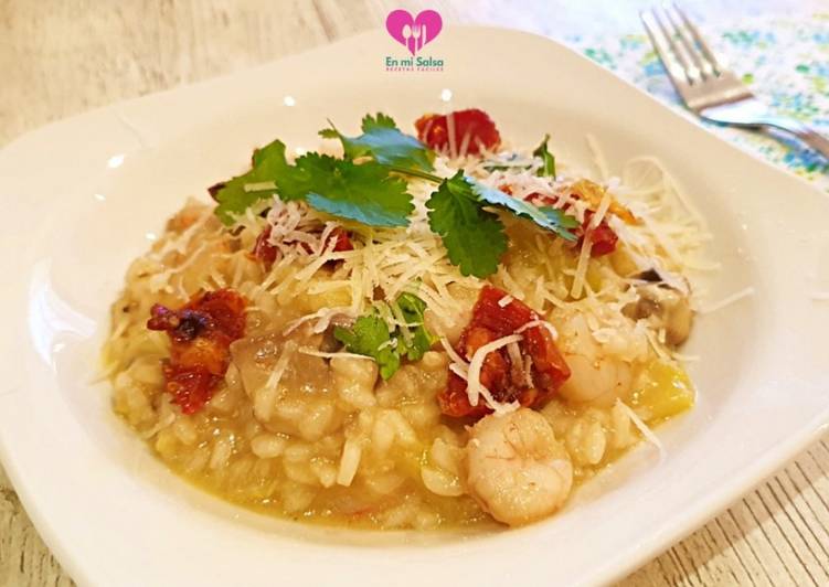 Risotto de gambas, calabacín y champiñones