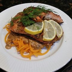A picture of Brad's seared salmon w/ squash noodles & shallot mushroom sauce.