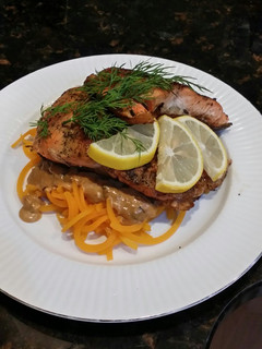 A picture of Brad's seared salmon w/ squash noodles & shallot mushroom sauce.