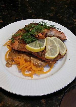 A picture of Brad's seared salmon w/ squash noodles & shallot mushroom sauce.