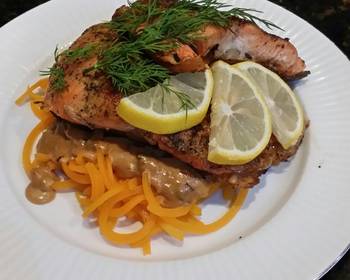 Popular Cuisine Brads seared salmon w squash noodles  shallot mushroom sauce Most Delicious