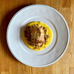 A picture of Monkfish with sweetcorn custard.