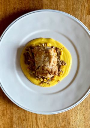 A picture of Monkfish with sweetcorn custard.