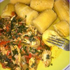 Boiled plantain with fish vegetable sauce A picture of Boiled plantain with fish vegetable sauce.