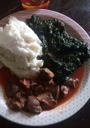A picture of Liver stew and kales.