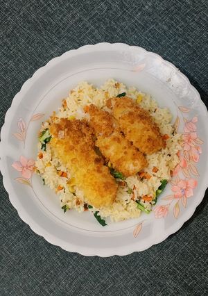 Foto resep Garlic Butter Rice with Dory Katsu