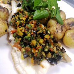 Grilled lemon sole with tapenade and baby potatoes A picture of Grilled lemon sole with tapenade and baby potatoes.