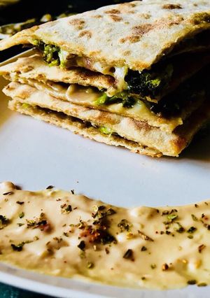 A picture of Broccoli mushroom wholewheat quesadilla.