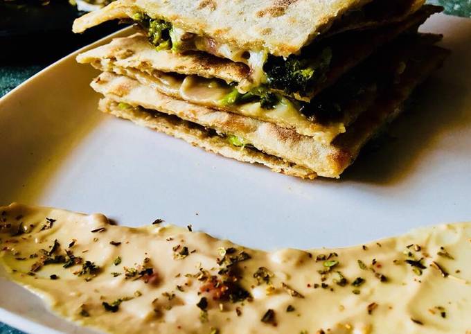 Broccoli mushroom wholewheat quesadilla