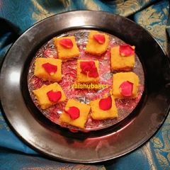 A picture of Kesariya Kalakand/ Kashmiri saffron & milk Burfi.