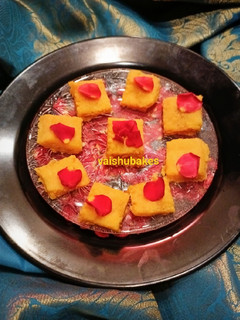 A picture of Kesariya Kalakand/ Kashmiri saffron & milk Burfi.
