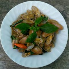 Stir Fried Surf Clam with Roasted Chili Paste and Sweet Basil A picture of Stir Fried Surf Clam with Roasted Chili Paste and Sweet Basil.