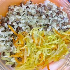 A picture of Organic rice with split peas and steamed vegs.