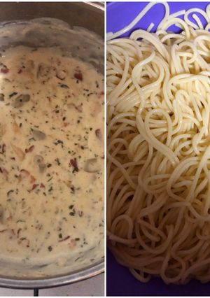 Gombás baconos tejszínes csirkemell spagettivel recept fotója