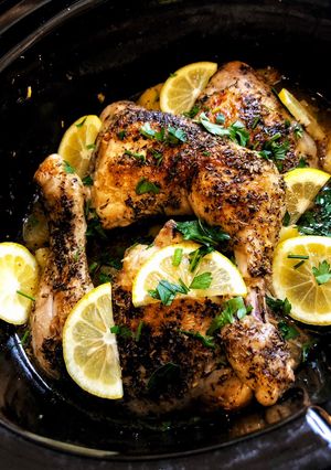 A picture of Lemon Chicken Thighs and Drumsticks with Potatoes in Slow Cooker.