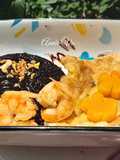 Brown Rice with Shrimp, Mushroom, and Egg Omelet