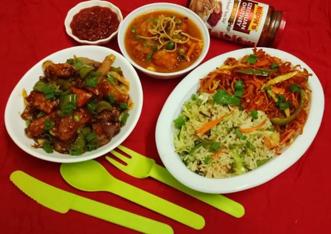 Steps to Make Ultimate Chinese thali Veg triple schezwan fried rice with gravy