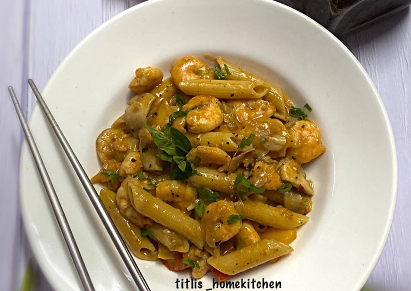 Shrimp Mushroom Pasta in Black Bean Sauce