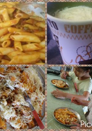 A picture of Homemade soya pasta with chilled coffee.