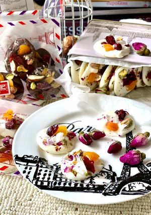 A picture of 《Five-Star Afternoon Tea Treats at Home》- Francis's Home Health Management Station- Stop 43- Sweet Borderless Chocolate Coins. Rose Pistachio White Chocolate and Earl Grey Nut Dark Chocolate Flavors (Thanksgiving Edition).