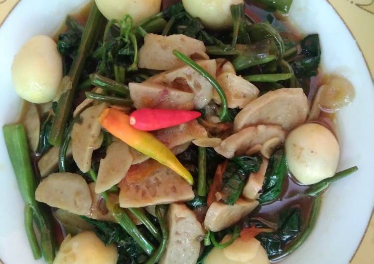 Resep Cah kangkung bakso telur puyuh Anti Gagal