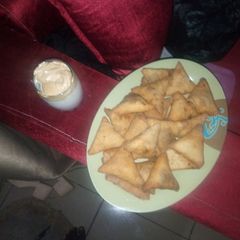 Samosa + dalgona coffee A picture of Samosa + dalgona coffee.