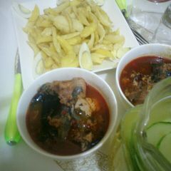 A picture of Chips, catfish pepper soup and cucumber cooler.