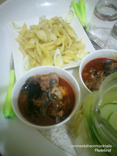 A picture of Chips, catfish pepper soup and cucumber cooler.