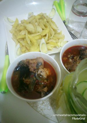 A picture of Chips, catfish pepper soup and cucumber cooler.
