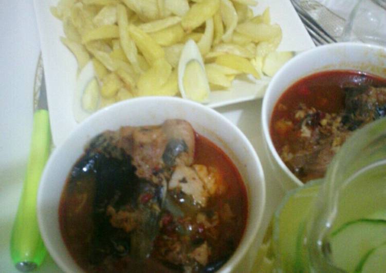 Chips, catfish pepper soup and cucumber cooler