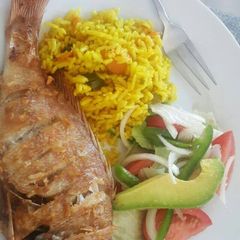 A picture of Fish and green salad.