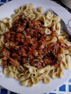 Una foto de Pasta con salsa de pollo picadito