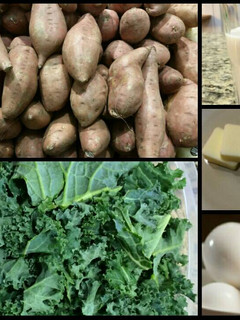 A picture of Eggs over Kale and Sweet Potato Grits.