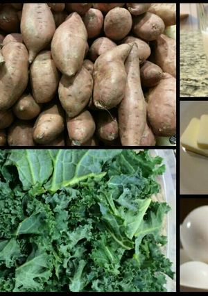 A picture of Eggs over Kale and Sweet Potato Grits.