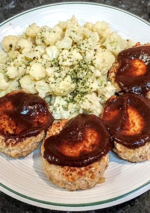 A picture of Pork Hamburg Steak with Baked Cauliflower.