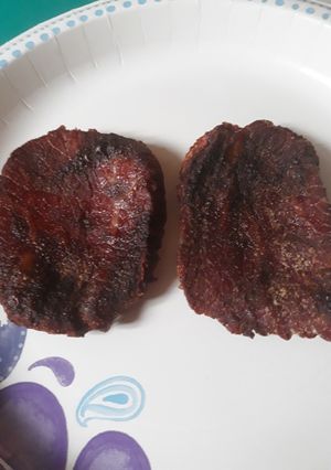 A picture of HP Sauce Beef Jerky.