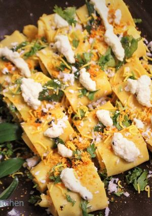 A picture of Sambar Flavoured Stuffed Khandvi (Pressure Cooker Method).