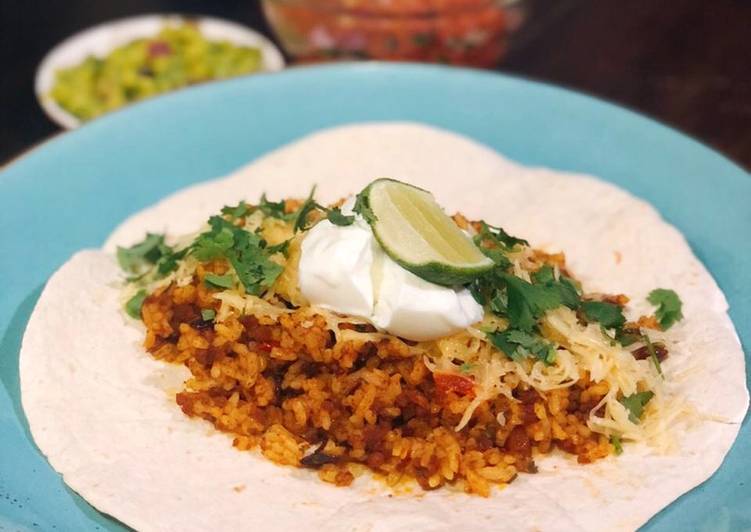 Beef & Rice Tortilla, Guacamole and Tomato Salsa