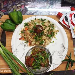 A picture of Gravy Manchurian and vegetable fried rice.