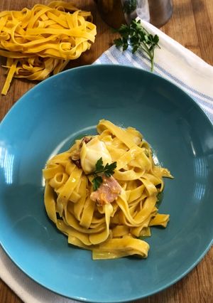 Foto di Fettuccine zucca, speck e scamorza