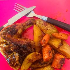 A picture of Grilled Chicken with Potatoes and Carrots.