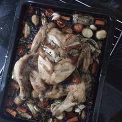 A picture of Baked chicken with herbs.
